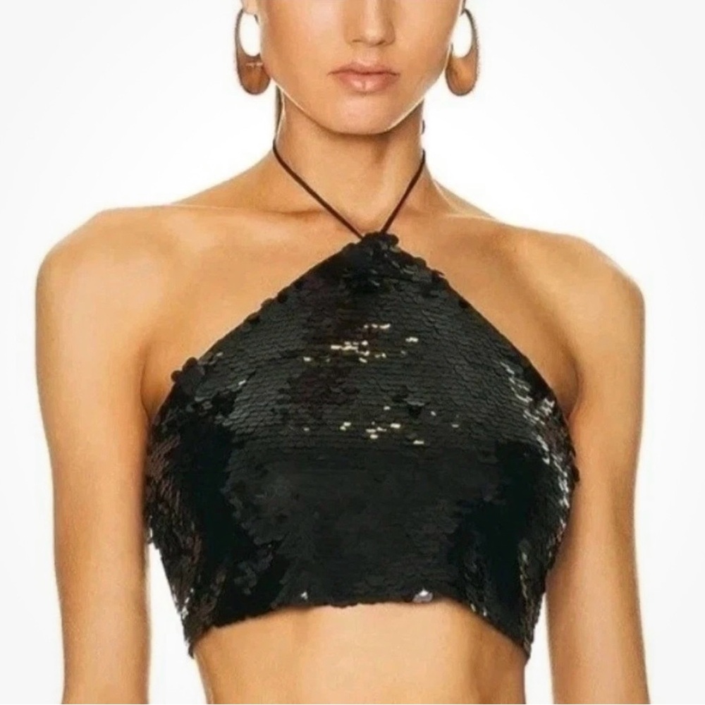 House Of Harlow Black Sequin Cropped Halter Top Medium NWOT
